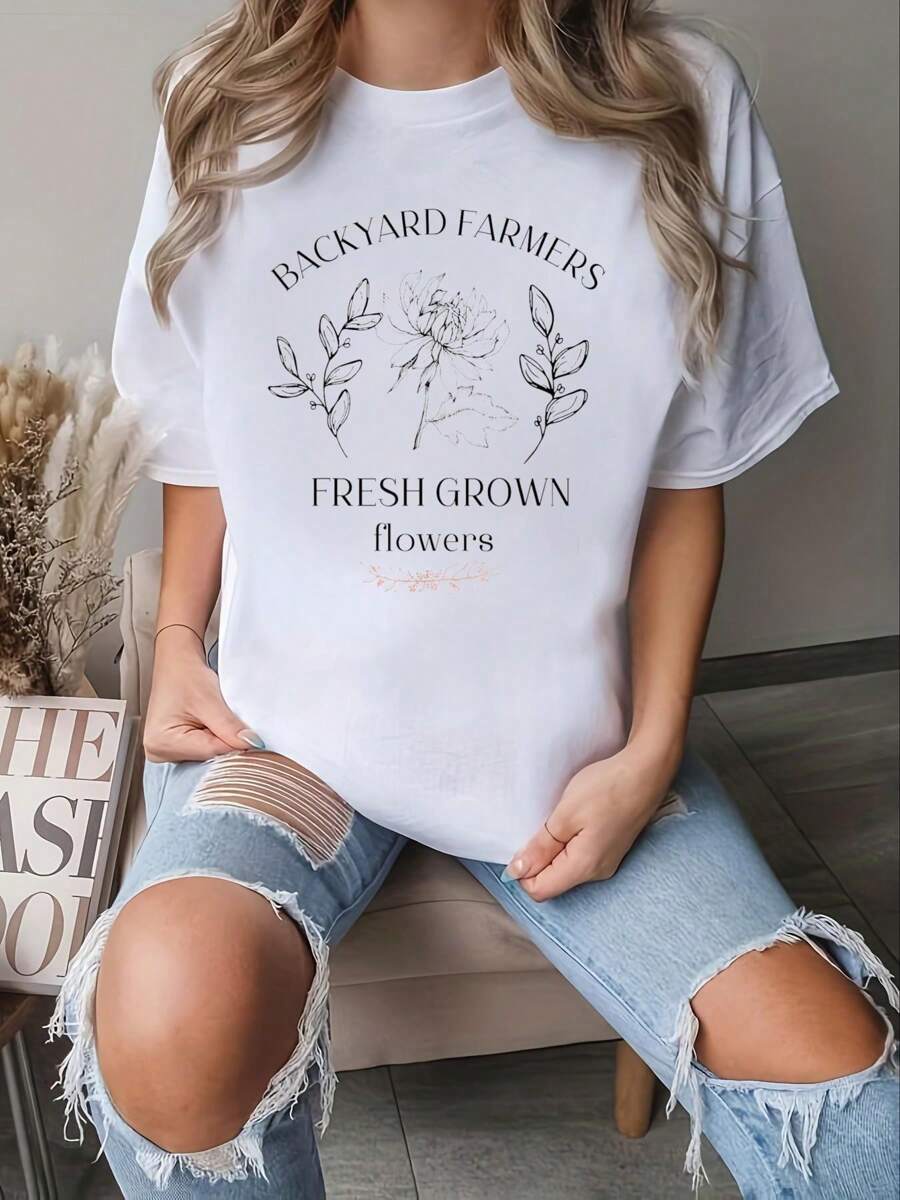 Farm Fresh Flowers Organic Gardening Botanical Gardener T-Shirt - 100% Cotton Short Sleeve, Casual, Breathable, Comfortable, Summer & Spring Essential - Women's Clothing Printed Graphic Tee For  T-Shirt Lovers