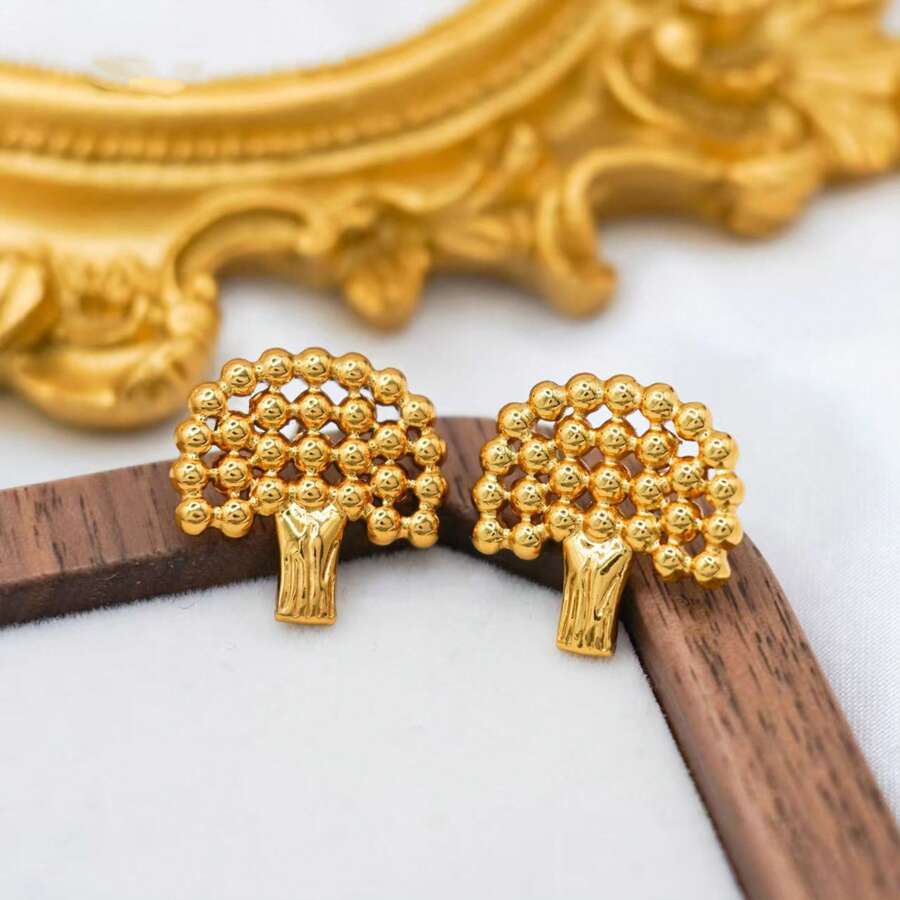 1 对时尚简约小众设计球形拼布钛钢金树形耳钉，百搭，18K 金优雅派对/节日耳环