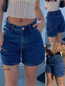 MYOURSA 斜口袋休闲高腰工装牛仔短裤