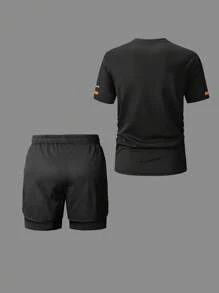 Conjunto de ropa deportiva de moda minimalista, camiseta deportiva y pantalones cortos transpirables, con detalles de mangas que agregan un toque atlético, apropiado para deportes diarios como correr, ir al gimnasio, senderismo, trekking - Negro - Ver 2