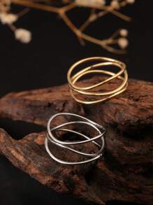1 chiếc nhẫn quấn dệt nhiều lớp, màu vàng và bạc, phong cách cá nhân thời trang, thích hợp để phụ nữ đeo hàng ngày và làm quà tặng/dự tiệc - Nhẫn đường nét tinh tế đan xen ba lớp - Xem 2
