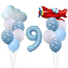 Globo de aluminio en forma de avión y nube de color azul, conjunto de globos para decoración de fiesta de cumpleaños o baby shower con temática de aventura de piloto - Multicolor - Ver 14