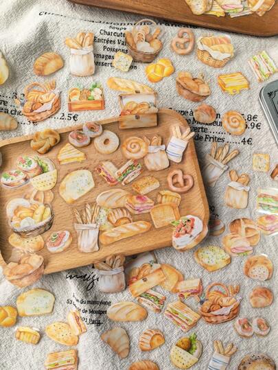 1 cutie de 100 buc autocolante decorative PET cu model alimentar vintage cu pâine mini, rechizite școlare, pentru întoarcerea la școală