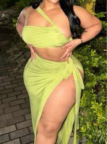 Summer Women's 2-Piece Sets  Sexy Backless Tube Top & Adjustable Drawstring Waist Split Skirt, Graduation Beach Vacation Festival Outfits - 綠色 - 查看 7