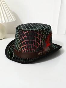 1 pieza Unisex Sombrero de copa plano con plumas decorativas de lentejuelas de tartán de colores, adecuado para actuaciones en el escenario, espectáculos de magia, bares, discotecas, fiestas y reuniones
