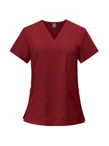 1pc Women's Custom Knitted Polyester Workwear Scrub Set With Patch Pockets, Nurse Uniform Suitable For Pharmacy, Beauty Salon, Doctors And Nurses, Comfortable, Perfect For Professionals. V-Neck Top With 2 Pockets, Elastic Waist Nurse Pants - Ideal Uniform For Female Doctors, Nurses, Dentists - Burgundy - View 7
