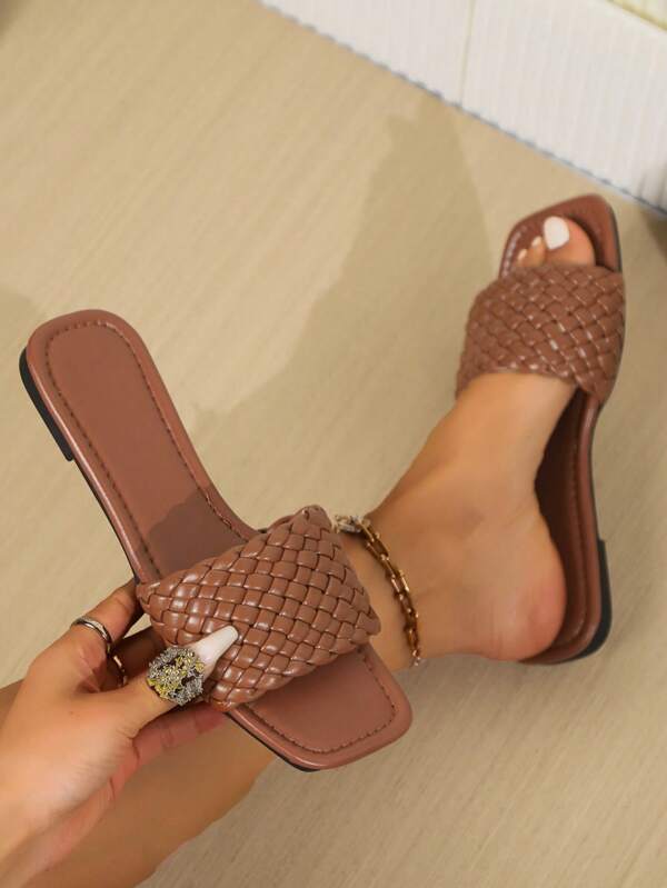 Women Casual Woven Strap Sandals, Square Toe Slip-On Mules