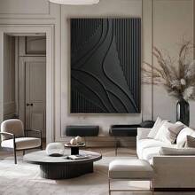 Arte de lienzo abstracto 2D con líneas negras sin marco y detalles texturizados - Decoración de pared minimalista y texturizada para dormitorio, sala de estar o pasillo - Multicolor - Ver 5