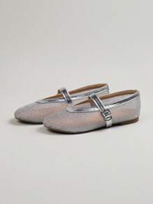 女士银色网布闪光编织透气平底凉鞋，法式玛丽珍软底鞋，适合夏季海滩和户外穿着