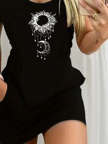 Sun And Moon Pattern Women's Sexy Dress - Black - View 3