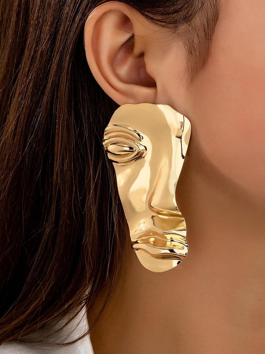 1 Pc Face Mask Statement Earring For Women Golden Color Iron Metal Abstract Human Sculpture Earrings Jewelry - Gold - View 1