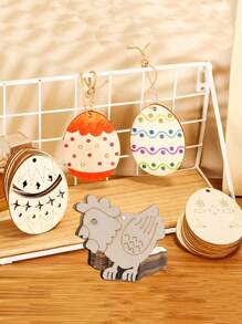 10Pcs Random Style Easter Wooden Eggs, DIY Graffiti Painted Wooden Pendant For Room, Party, Patio Decoration Crafts Free Lanyard