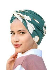 1pc Floral Print Beanie Hat For Women, Elastic Polyester Turban Cap With Twist Design, Fashionable Hair Protection Headwear For All Seasons, Travel & Daily Wear, Daily Wear Cap | Floral Print Hat | Polyester Cap - Multicolor - View 6