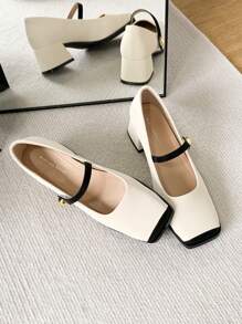 Xin Jing Shoes New Fashion Women's Chunky Heel Pumps With Color Block Design, Elegant, Mary Jane - Beige - View 4
