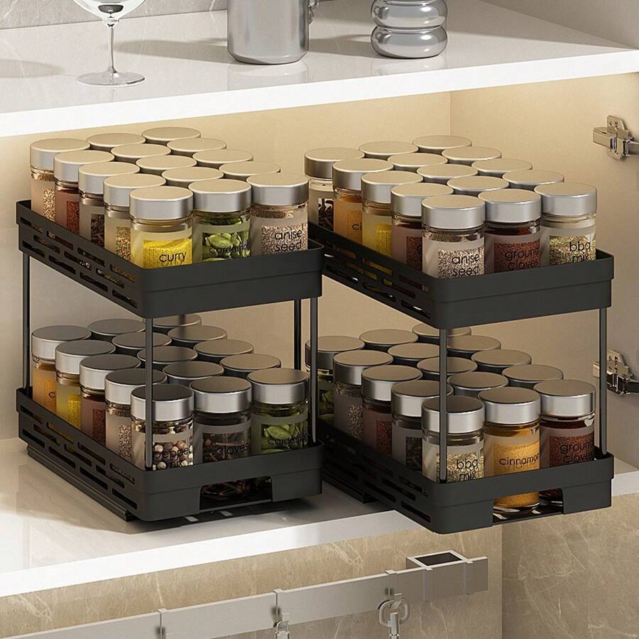 WORTHBUY 1 pieza Organizador de almacenamiento deslizable multifuncional, estante de almacenamiento de botes de especias de doble capa, soporte de almacenamiento de plástico para botellas de condimentos, adecuado para almacenar suministros de cocina en cocinas, baños y gabinetes