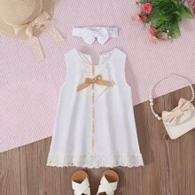 Baby Girl Sleeveless Bow Headband Dress 2 Pieces Set For Summer - White - View 3