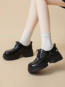 Women's High Heel Chunky Platform Loafers, Black Patent Leather Classic Timeless Butterfly Decor, Anti-Slip Thick-Soled Elevator Shoes - Black - View 4