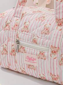 1PC Bowknot Floral Stripe Pattern Quilting Stylish Duffel Bag Girls Weekend Bag Short Trip Tote Bag,Girls Travelling Bag Shoulder Bag, Girls Sport Bag ,Mummy Bag ,Nappy Bag ,Yoga Bag Quilted Zipper Handbag Suitable For Ladies And Girls, Gift For Valentines Gift ,New Year Gift - Multicolor - View 7