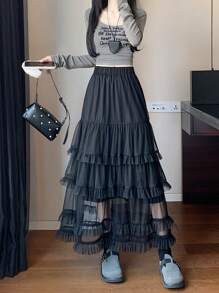 Layered Micro-Sheer Mesh High Waisted Flared Ballerina Skirt, Spring/Summer 2025, Slimming A-Line Design Casual Black - Black - View 8