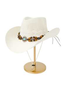 1 件装草帽，女士时尚波西米亚风格宽边太阳帽，涤纶材质，可调节拉绳，四季通用 - 彩色 - 查看 10