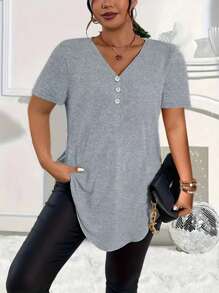 New Arrival Plus Size Solid Color V-Neck Button Casual Short Sleeve T-Shirt - Grey - View 1