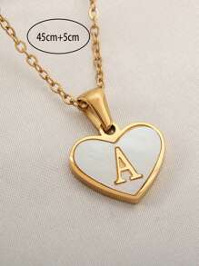 1 件时尚 A-Z 心形首字母吊坠项链不锈钢贝壳锁骨链项链适合女士男士情人节礼物 - 金黃色 - 查看 5