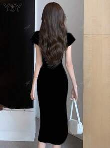 Summer Elegant Shoulder Drop Short Sleeve Round Neck Pleated Waist Fitted Midi Dress, Versatile And Minimalist