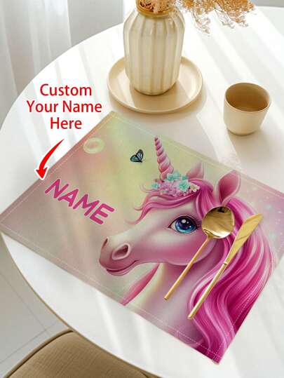 1 Stück personalisierte Cartoon Blauhorn Platzsets, individuell mit Namen, hitzeresistent für Küche/Esszimmertisch, für Familie, Partys, Heimdekoration