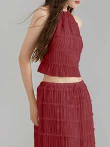 Women Y2k Two Piece Maxi Skirt Sets Beach Vacation Outfit Boho Sleeveless Ruched Halter Crop Cami Tops Backless Tank Tops And Long Swing Skirt Pleated Retro Tulle Chiffon Flowy Skirt Going Out Set 2 Piece Outfits Summer Holiday Party Outfit - 紅色 - 查看 7