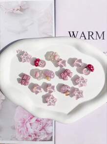 16pcs Pink Cute Mushroom & Wave Star Bowknot Detachable Shoe Decor, Multifunctional Shoe Clips Accessories For Women Sandals, Slippers, Beach Bags, Ideal Gift For Holiday