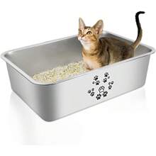 Stainless Steel Cat Litter Box High Side Cats Toilet Metal Kitten Litter Pan, Pet Cleaning Tool For Big And Small Cats, Rabbits, Splash-Proof And Non-Stick Cat Poop Box Odorless 23.6"X15.7"X7.9" - 可愛貼紙 - 查看 1