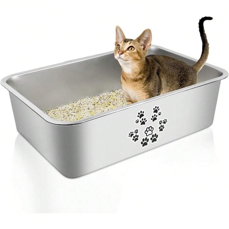 Stainless Steel Cat Litter Box High Side Cats Toilet Metal Kitten Litter Pan, Pet Cleaning Tool For Big And Small Cats, Rabbits, Splash-Proof And Non-Stick Cat Poop Box Odorless 23.6"X15.7"X7.9" - 可愛貼紙 - 查看 1