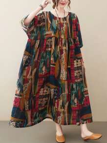 Damskie sukienki plus-size, topy, sukienki na co dzień, letnia sukienka z okrągłym dekoltem i luźnym nadrukiem na 2025 rok, swobodna, świąteczna, boho, plażowa sukienka, swobodny nadruk