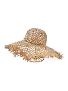 1 pièce Chapeau de paille décoratif fait main, ajouré, de couleur unie, avec protection UV. à la mode polyvalente pour les déplacements, mettant le visage en valeur. Printemps/Été, vacances, festival - Chapeau de paille rond - Voir 1