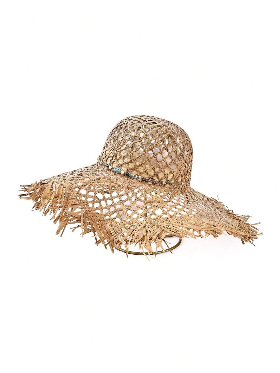 1 pièce Chapeau de paille décoratif fait main, ajouré, de couleur unie, avec protection UV. à la mode polyvalente pour les déplacements, mettant le visage en valeur. Printemps/Été, vacances, festival - Chapeau de paille rond - Voir 1