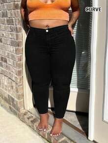 New European & American Minimalist Washed Plus Size Skinny Jeans - Black - View 2
