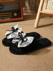 Women's Lace Bow Casual House Slippers, Comfortable Indoor Warm Anti-Slip Couple Slippers, Suitable For Autumn/Winter