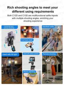 AXNEN Tripé de Selfie Portátil de 51" com Luz de LED, Rotação de 360°, Suporte de Celular Destacável, Tripé de Celular Versátil Extensível e Retrátil com Controle Remoto Sem Fio Compatível com iPhone e Smartphones Android/Câmera/GoPro