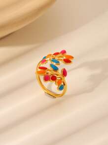 1 件 18K 镀金不锈钢珐琅叶开口戒指，适合女性日常和节日佩戴 - 葉子 - 查看 11