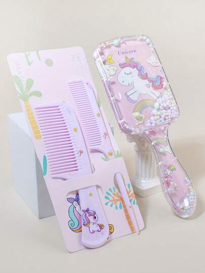Conjunto de 3 pentes de cabelo fofos de unicórnio com desenho animado - Almofada de ar e pentes de dentes finos para todos os tipos de cabelo, presente perfeito para aniversários