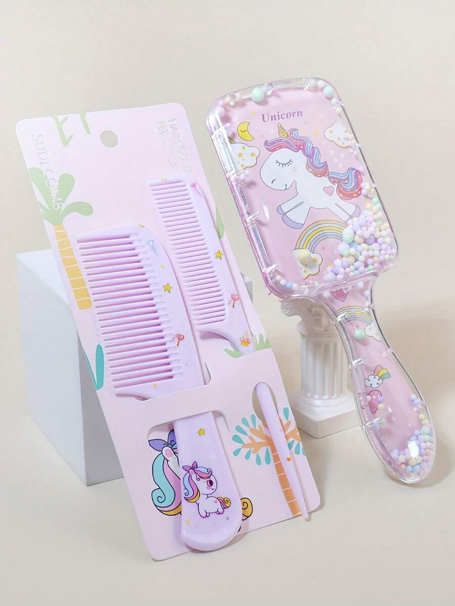 3pcs Cute Unicorn Cartoon Hair Comb Set - Air Cushion & Fine Tooth Combs For All Hair Types, Perfect Gift For Birthdays - Multicolor - View 1
