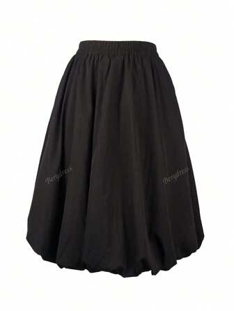 Women's 2025 Bubble Skirts Spring Summer Elastic High Waisted A Line Ruffle Pleated Knee Length Black Skirt With Pockets