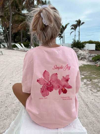 1pc Girls' Oversized T-Shirt - Machine Washable, Floral Hibiscus Print T-Shirt, Suitable For Children's Travel And Vacation, Summer, Girls Clothing
