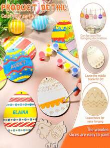 10Pcs Random Style Easter Wooden Eggs, DIY Graffiti Painted Wooden Pendant For Room, Party, Patio Decoration Crafts Free Lanyard