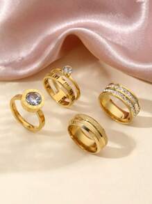 4/5 Pieces Fashionable And Exquisite Stainless Steel Ring 18k Gold Plated With Diamonds Round Square Ring Suitable For Women'S Daily Wear Dating Play Wedding Engagement Holiday Gift Jewellery