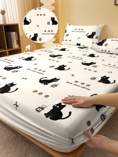 1pc Cartoon Cute Cat & Bread Print Brushed Fitted Sheet, Bedroom Printed Bedcover, Bedding Set (Pillow Cover Not Included)