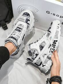 男士撞色随机印花舒适高帮厚底减震百搭休闲运动鞋字母报纸风户外街头时尚复古防滑跑步运动鞋