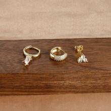 3PCS Round Circle Hoop Earrings Set For Women Simple Zirconia Flower Stud Earring Cartilage Piercing Jewelry - 3pcs Earrings Set - View 9