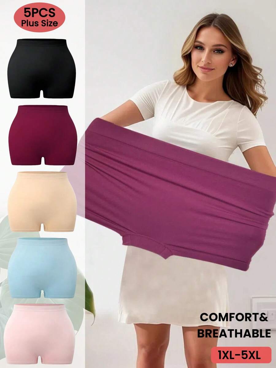 5pcs Plus Size Women Soft Breathable Seamless Mid Waist Panties, Colorful Elegant Design, High Waist Comfort Stretch Knit Fabric, Suitable For Cycling, Fitness, Work, Yoga, Sleeping And Daily Activewear, All Season, Multiple Sizes 1XL-5XL - Multicolor - View 1
