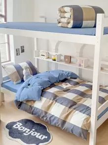 4 件套柔软床上用品套装，简约风格，适用于学生宿舍、幼儿园、儿童房，包含 1 个被套、1 个床单、2 个枕套，防滑 360 度包裹，不含荧光增白剂 - 藍色大格 - 查看 2
